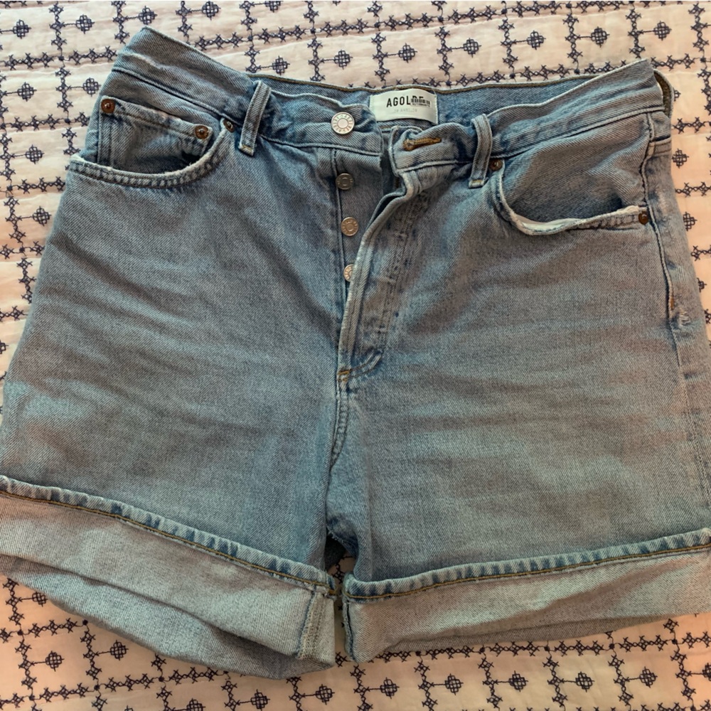 AGOLDE High-Rise Rolled Hem Dame Denim Shorts - Light Blue, EUC Size 28 - Picture 7 of 7